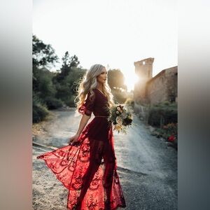 Red Lace maxi dress / romper size small